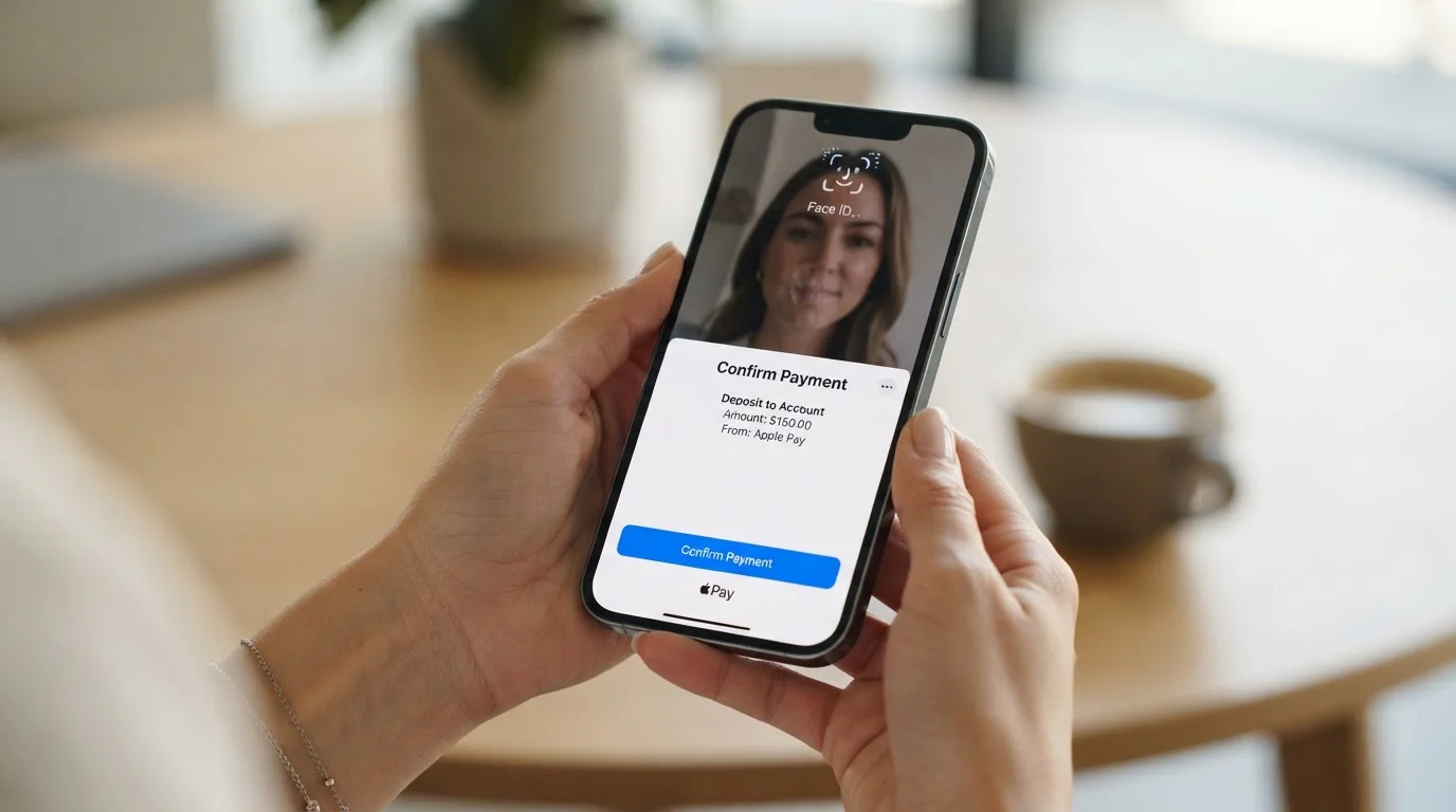 Hands holding an iPhone showing the Apple Pay casino deposit steps with Face ID confirmation
