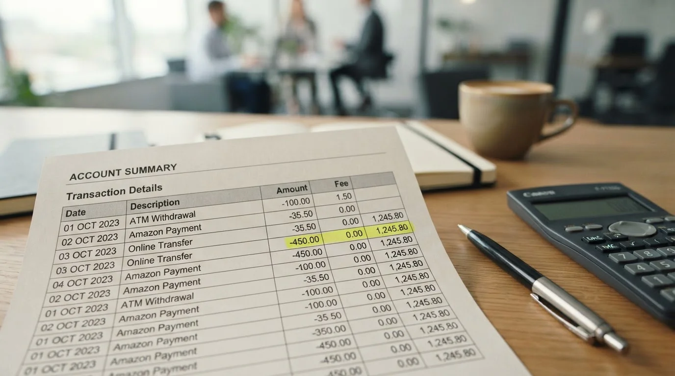Bank statement page showing casino deposit transaction with zero fees highlighted