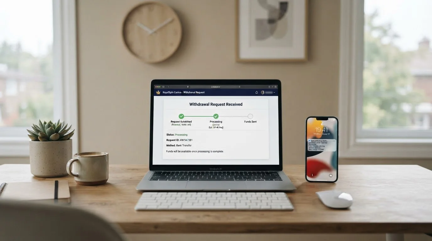 Casino withdrawal request interface showing processing timeline