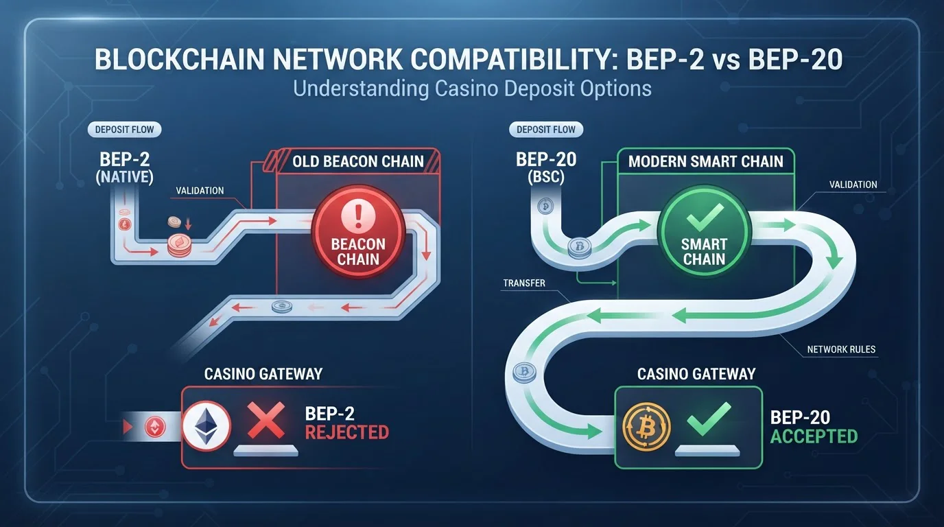 Diagram showing two blockchain networks BEP-2 and BEP-20 with clear visual distinction and casino acceptance markers