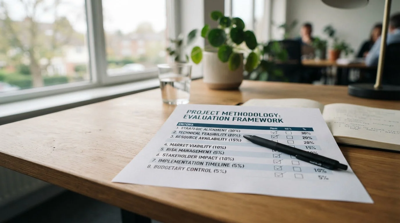Comparison methodology checklist with weighted criteria on a desk