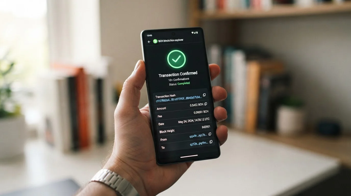 Bitcoin Cash blockchain transaction confirmation on a smartphone screen