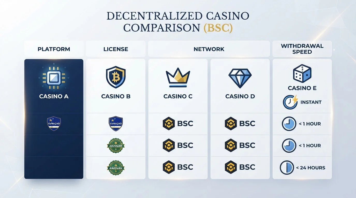 Comparison table showing five offshore crypto casinos with license badges and BNB network icons