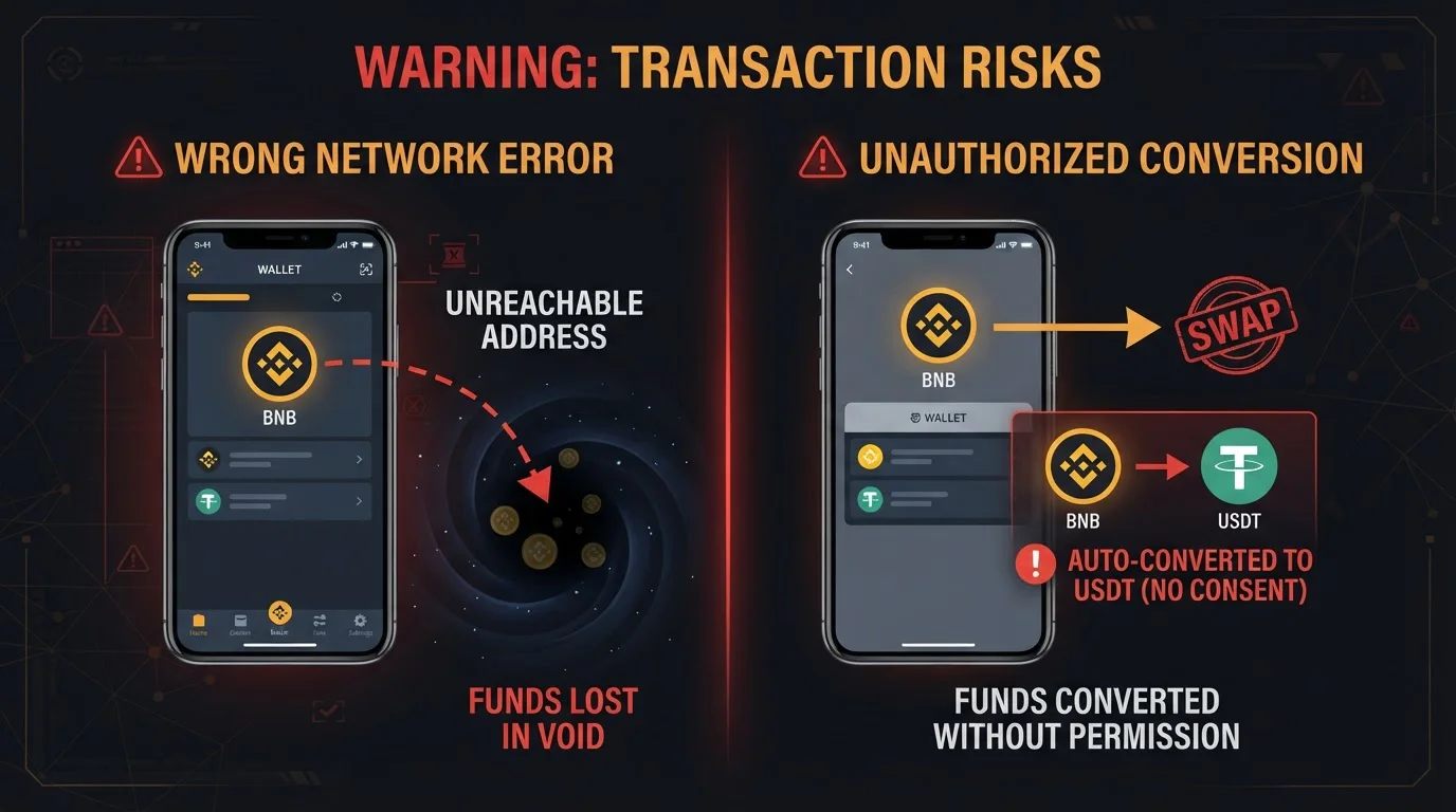 Warning symbol with split image showing wrong network transaction and automatic stablecoin conversion