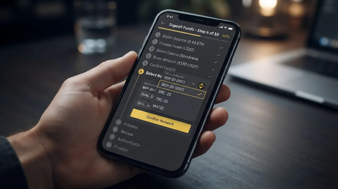 Step-by-step mobile screen mockup showing BNB deposit flow from wallet to casino with network selection highlighted