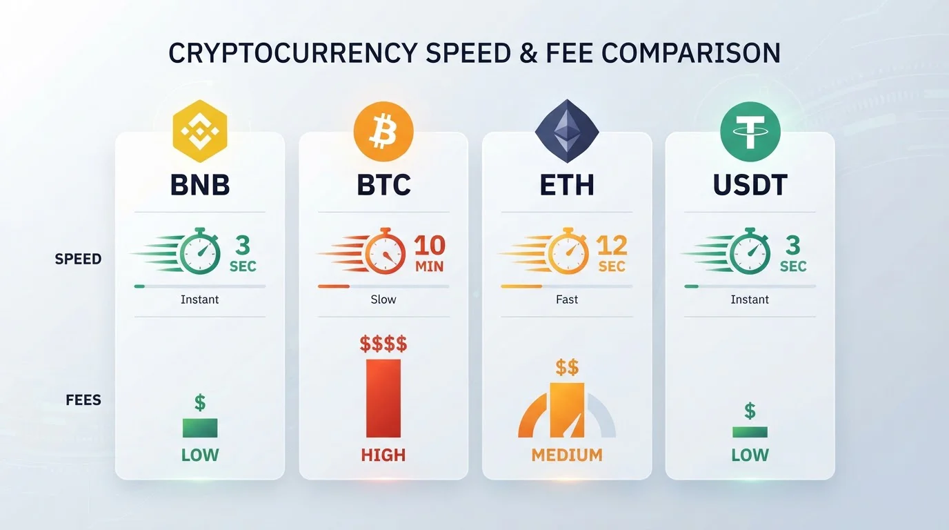 Side-by-side speed and fee comparison chart for BNB Bitcoin Ethereum and Tether