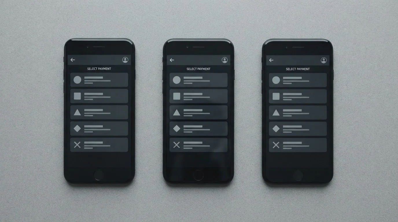 Three mobile phones side by side showing different UK casino cashier pages with mobile billing selected