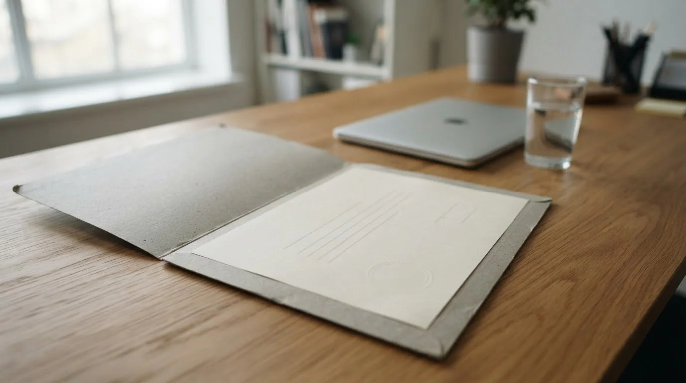 Neutral licence certificate document in a plain folder on an office desk