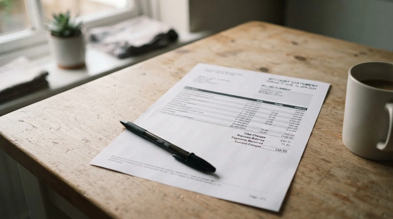 Printed mobile phone statement on a kitchen table with a pen resting beside it