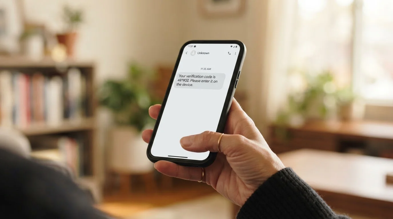 Hand holding a phone displaying an incoming text message with a one-time confirmation code
