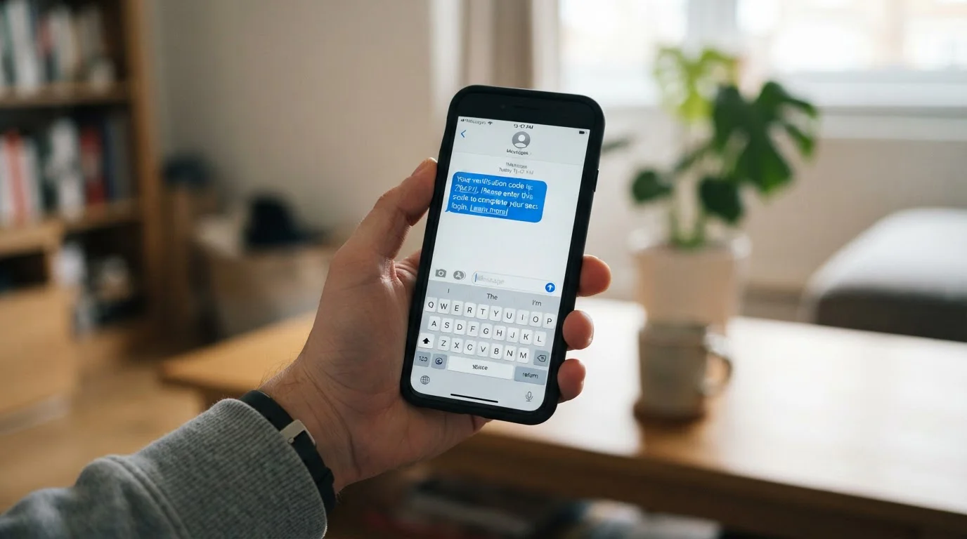 Hand holding smartphone receiving SMS payment confirmation message