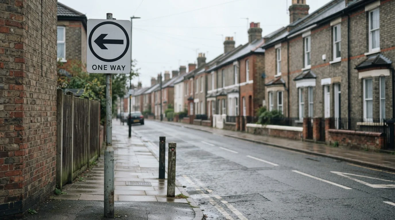 One-way road sign on a quiet British street under overcast sky