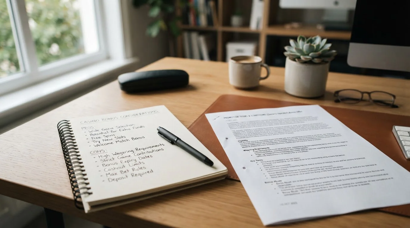 Notepad with pros and cons list next to casino bonus terms document