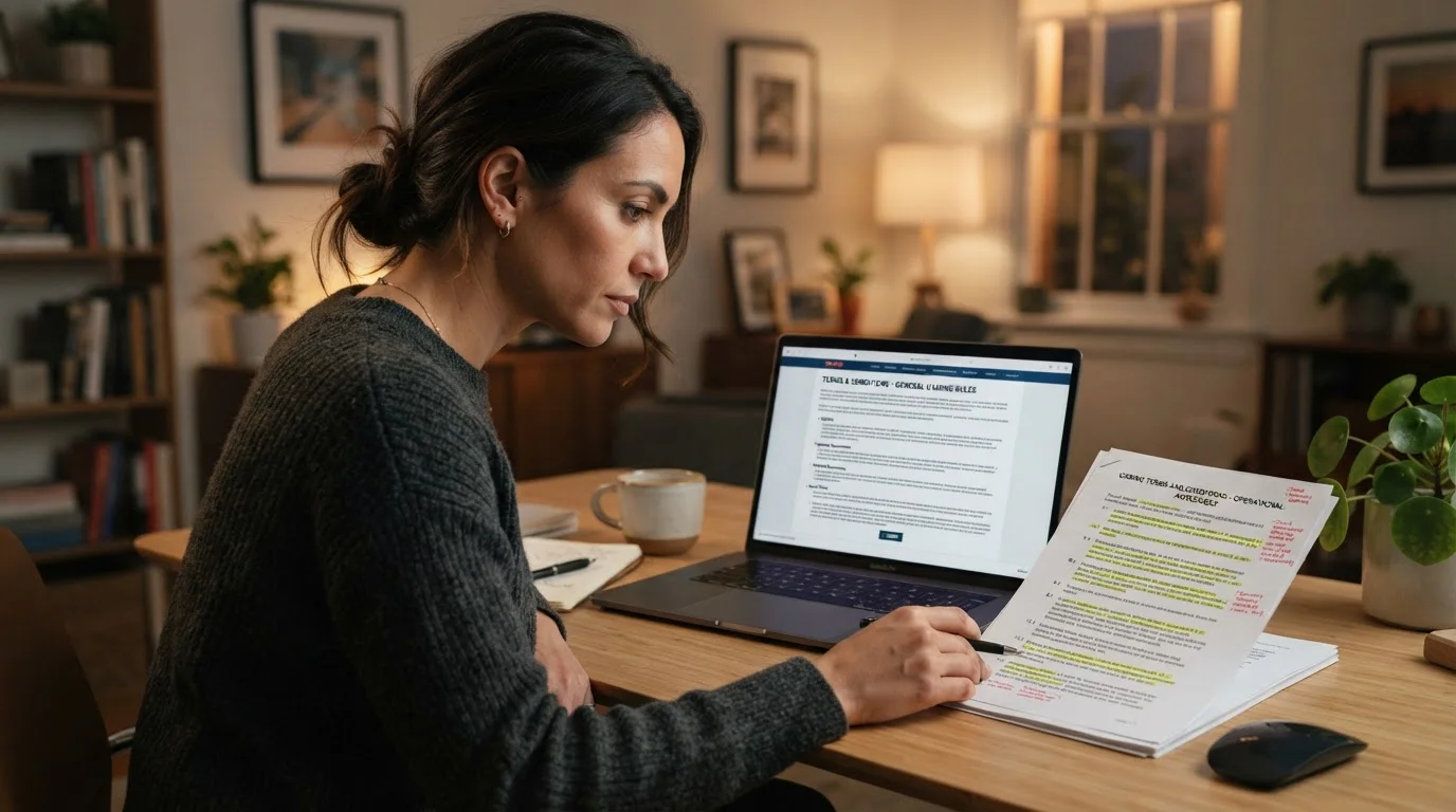 Person reading casino bonus terms document on laptop