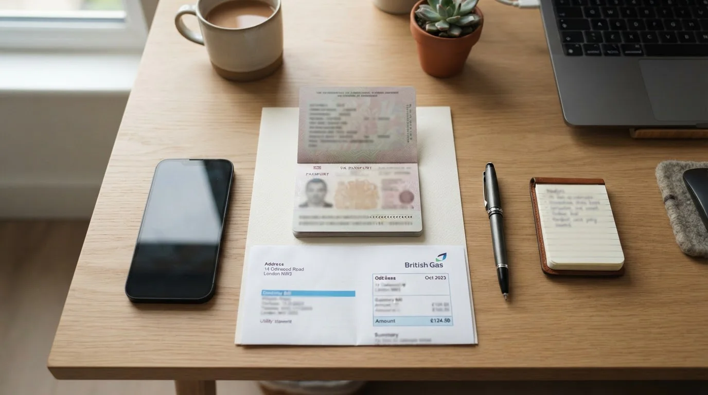 Casino cashier verification documents on desk with photo ID and proof of address