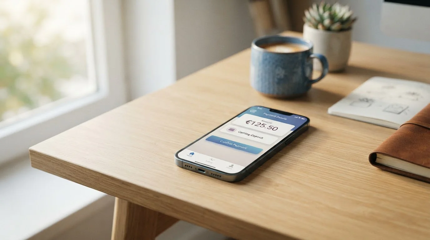 Modern smartphone showing Skrill e-wallet app with casino payment interface on a clean desk