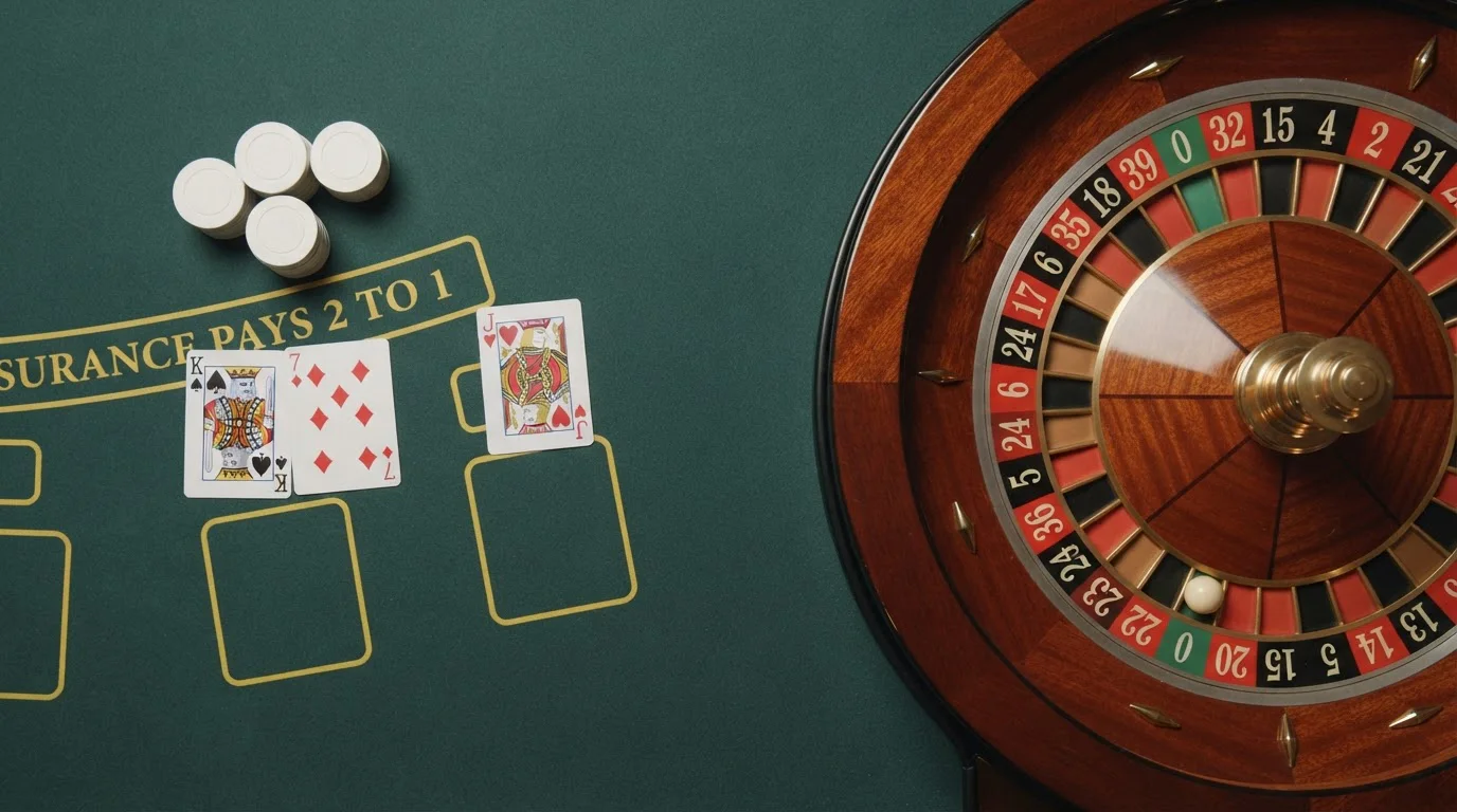 Clean table showing blackjack cards and European roulette wheel layout without branding