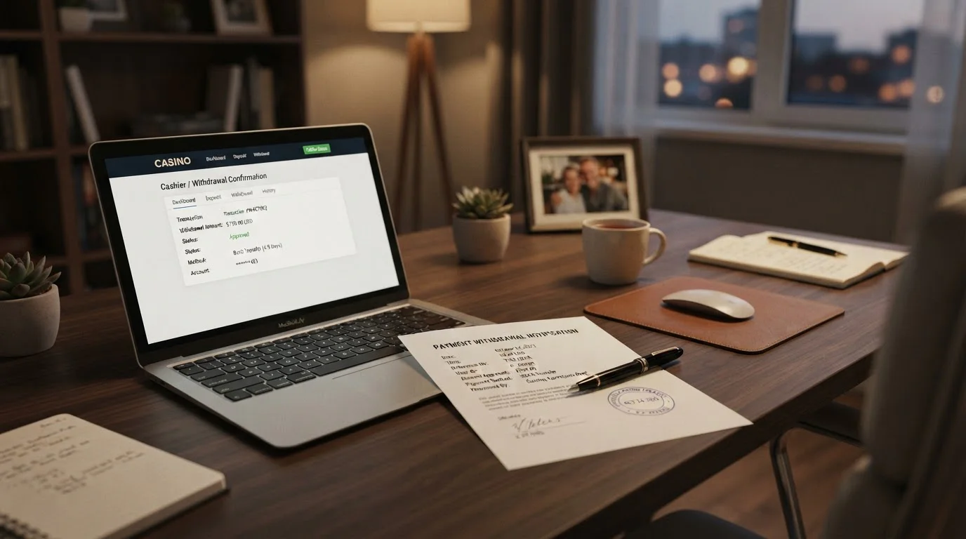 Tidy desk with withdrawal request document and laptop