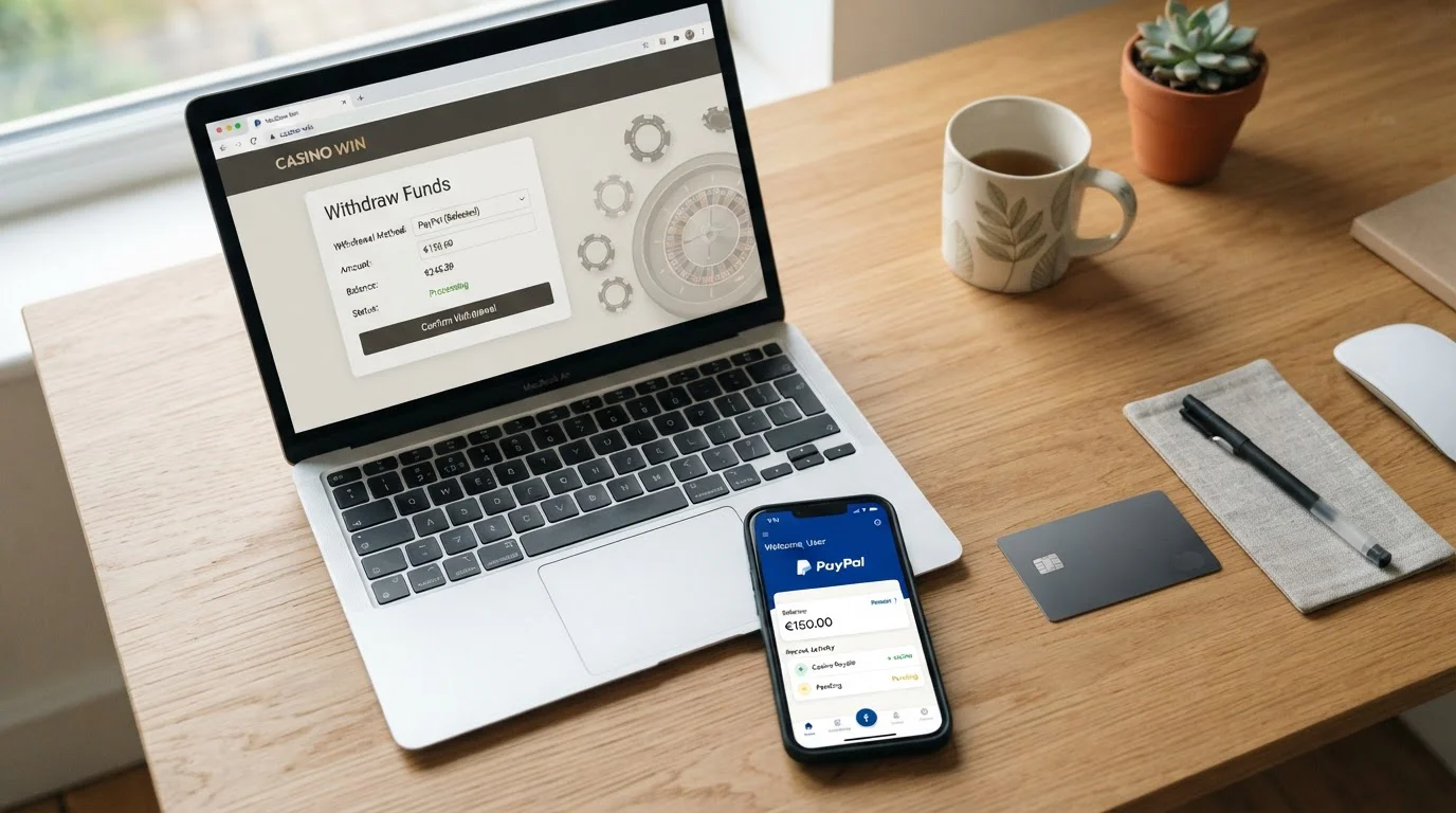Debit card and e-wallet PayPal logo on desk next to laptop showing casino withdrawal screen