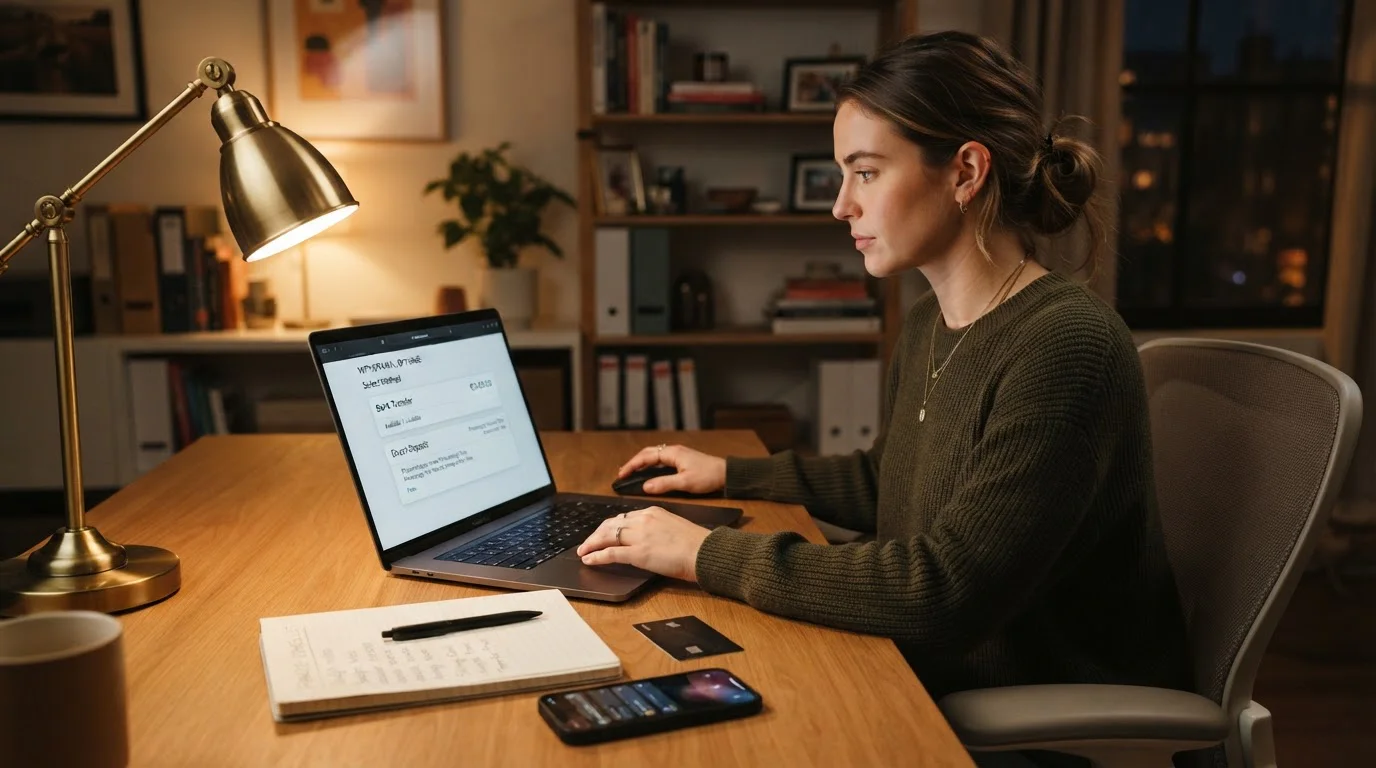 Person reviewing withdrawal options on laptop with bank card and smartphone