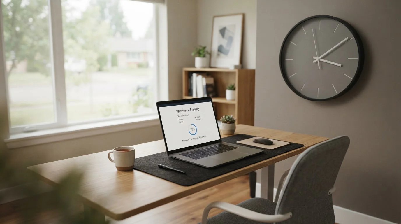 Wall clock showing elapsed time with withdrawal pending notification on laptop screen