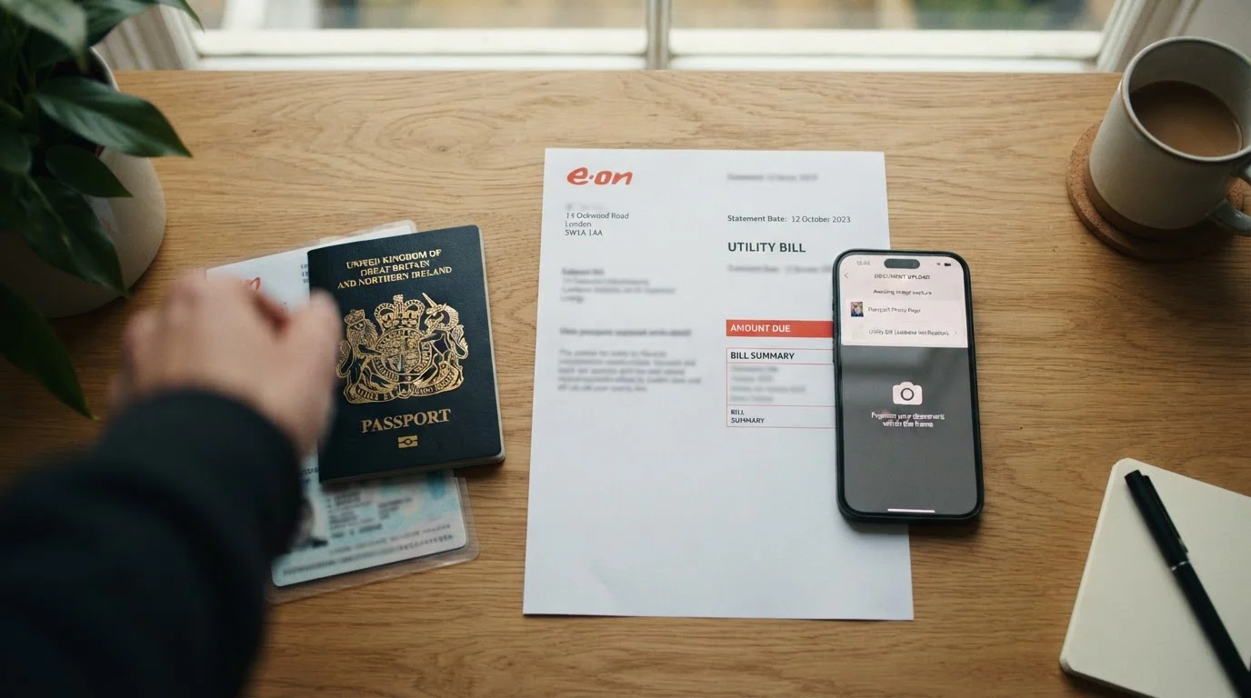 Casino KYC verification documents including passport and utility bill on desk