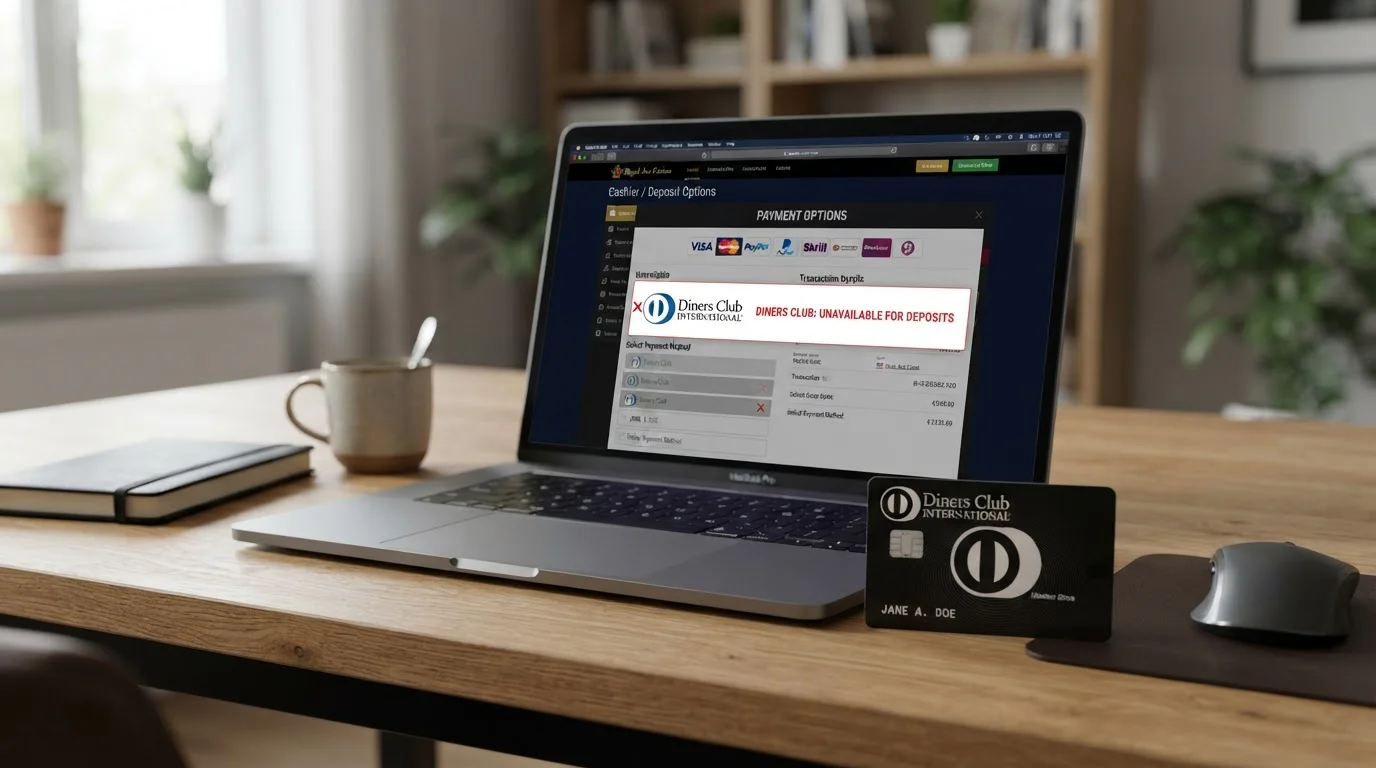Diners Club card on desk with laptop showing unavailable payment message