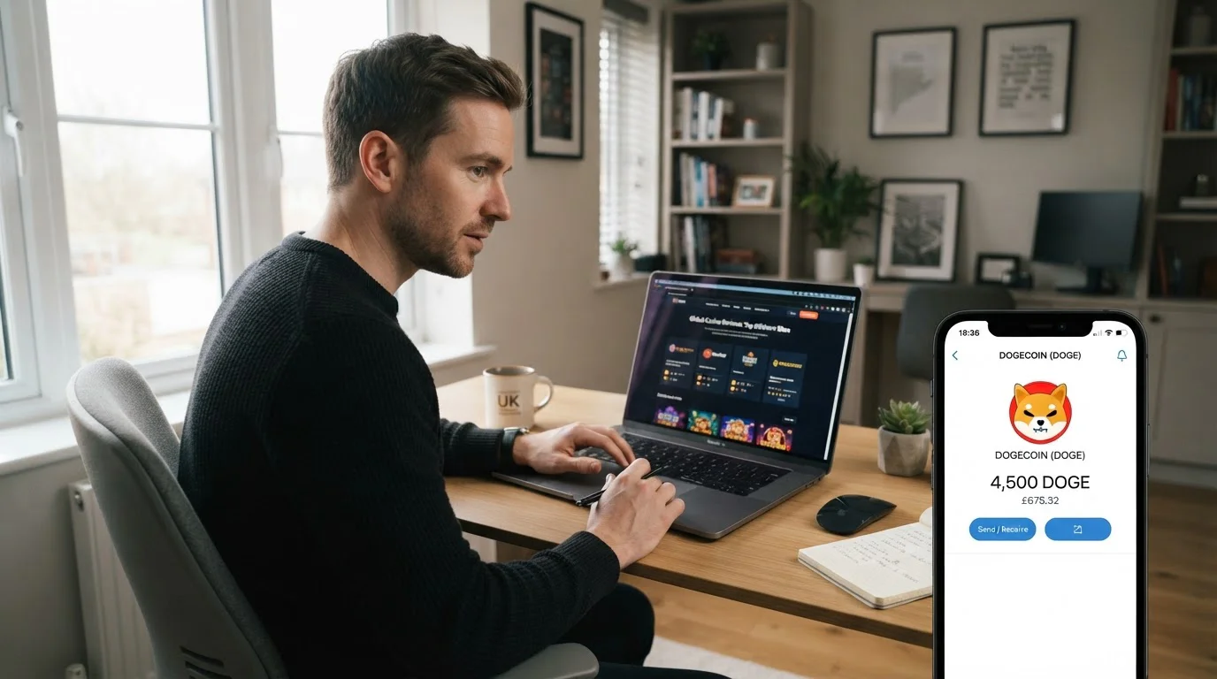 British player reviewing offshore Dogecoin casino options on laptop with crypto wallet interface visible