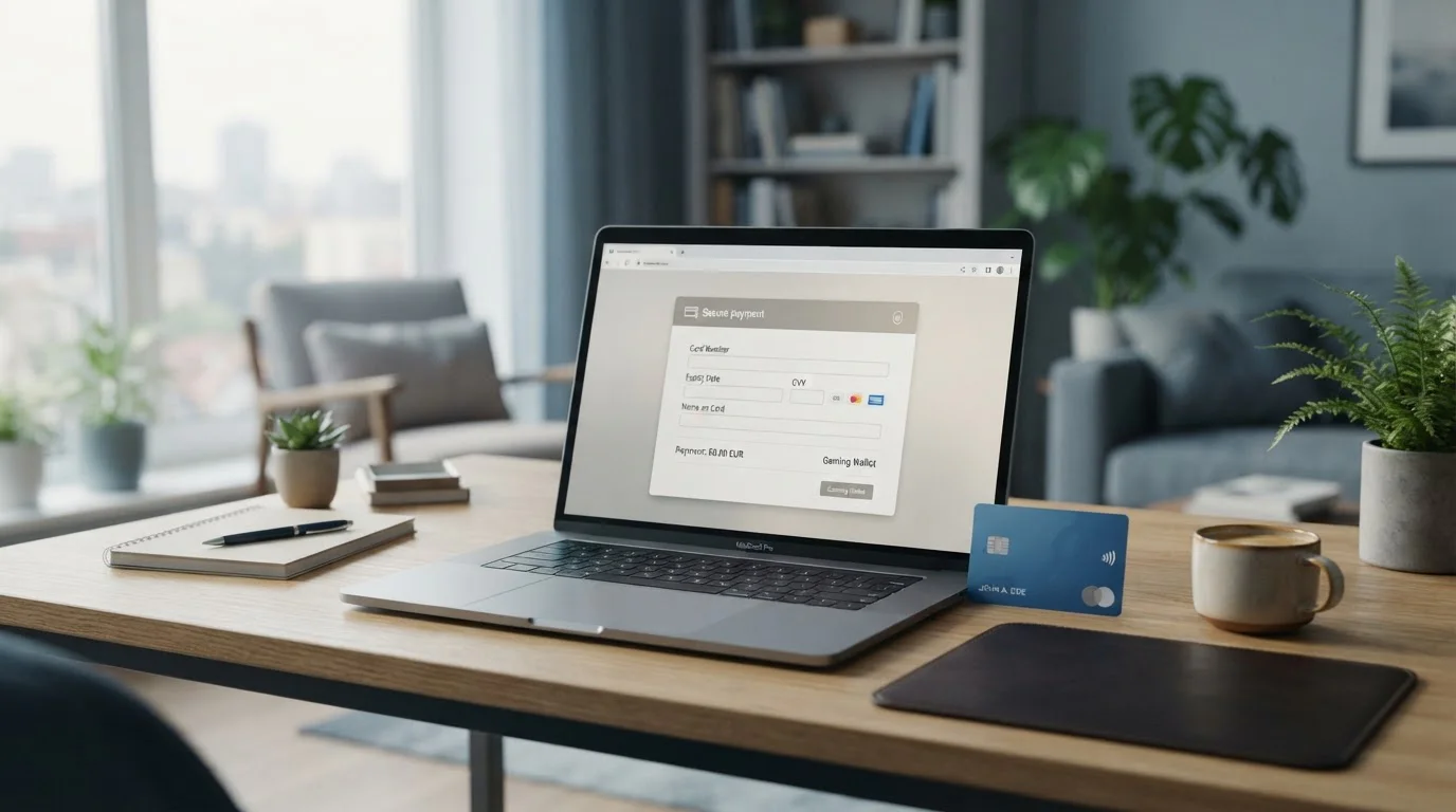 UK online casino payment with Visa debit card on laptop
