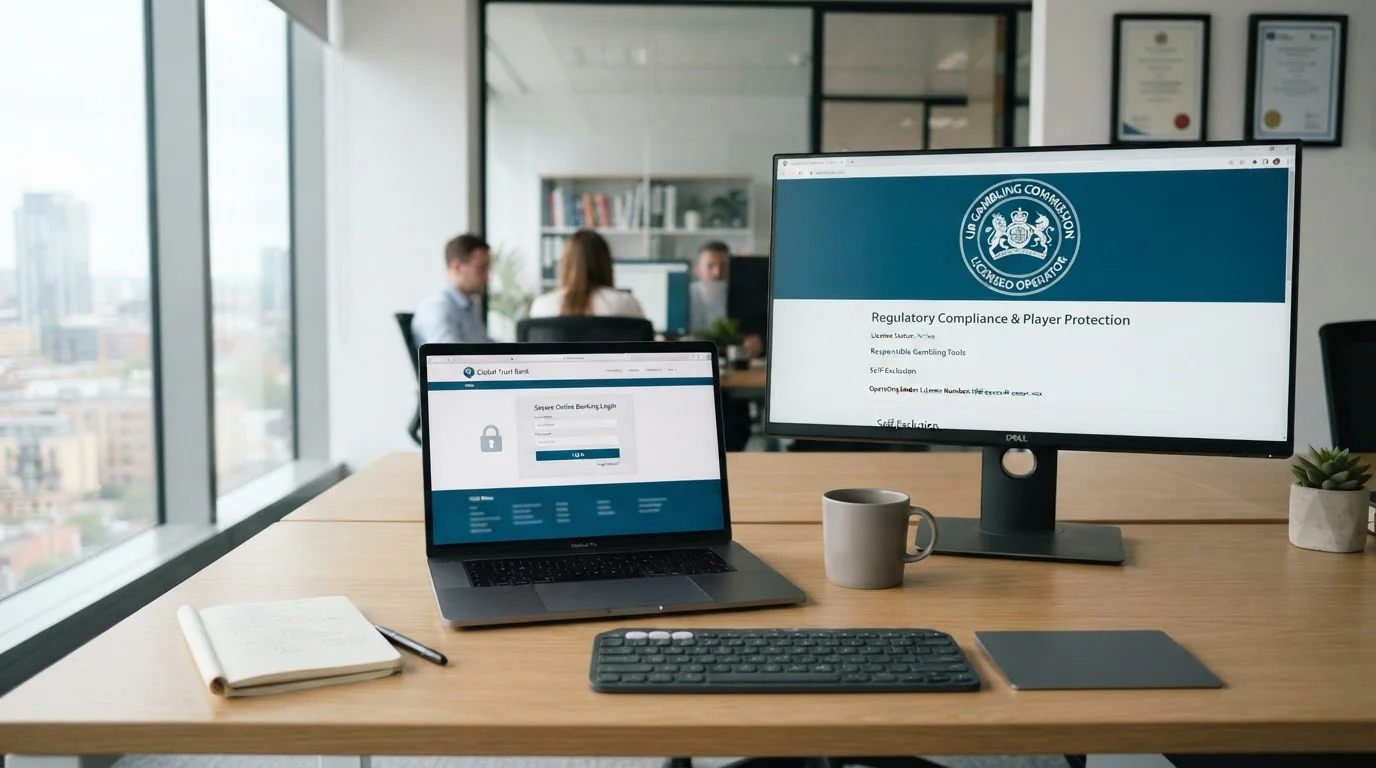 Modern laptop showing online banking login screen with UK gambling commission seal visible