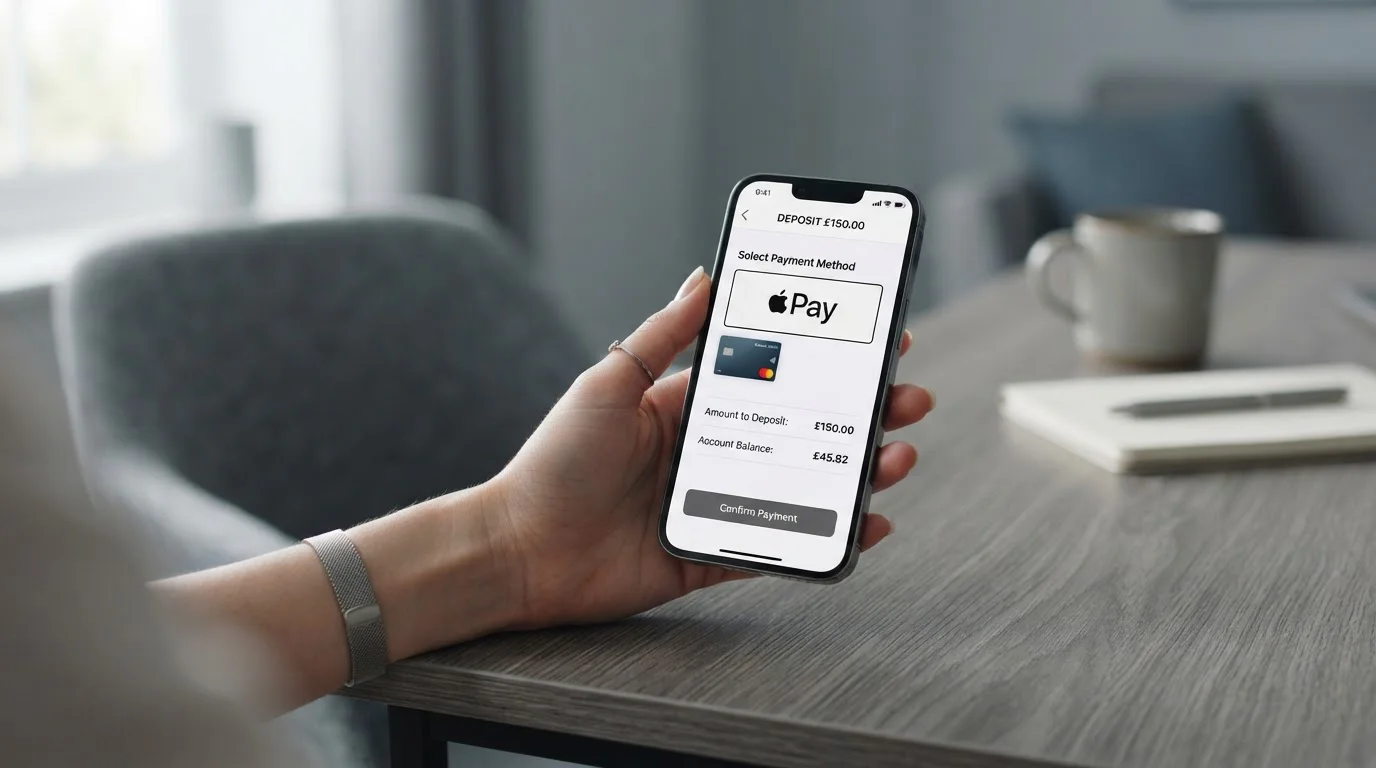 iPhone displaying Apple Pay casino deposit screen with UK casino interface