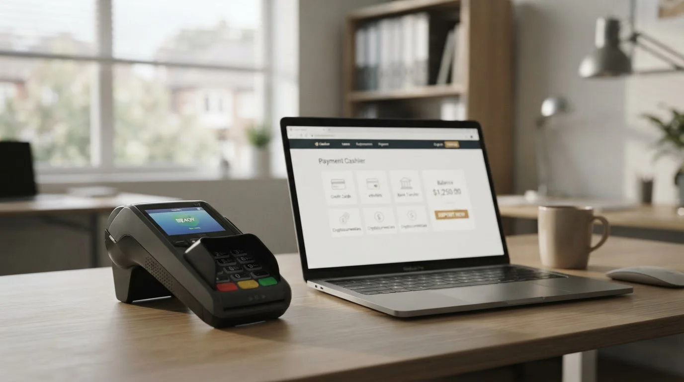 Empty payment terminal on a desk beside a laptop showing a casino cashier page