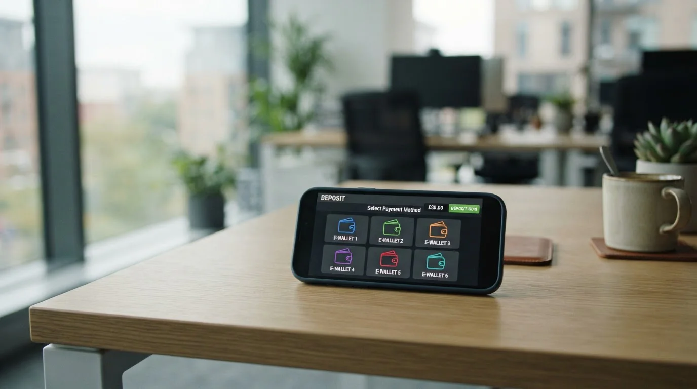 Smartphone showing an online casino cashier with e-wallet payment options for UK players