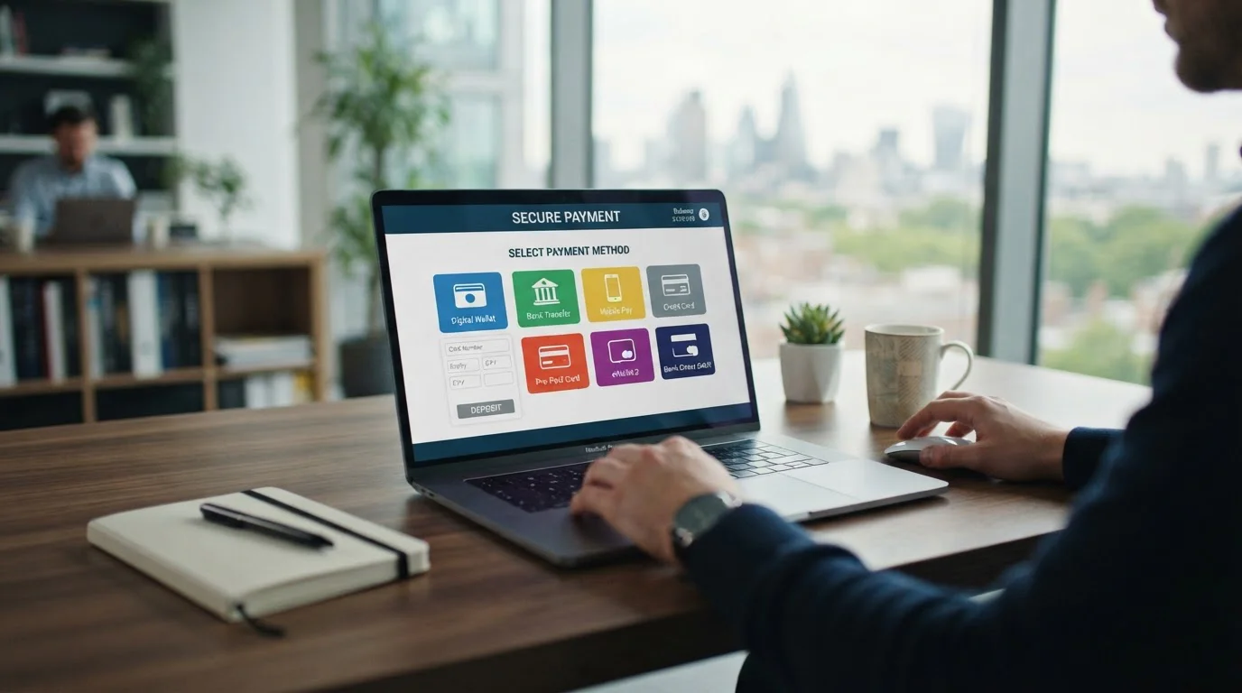 Modern UK online casino payment methods displayed on laptop screen with payment icons