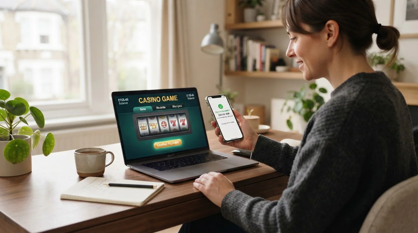 UK online casino player using PayPal on laptop with mobile phone showing payment confirmation