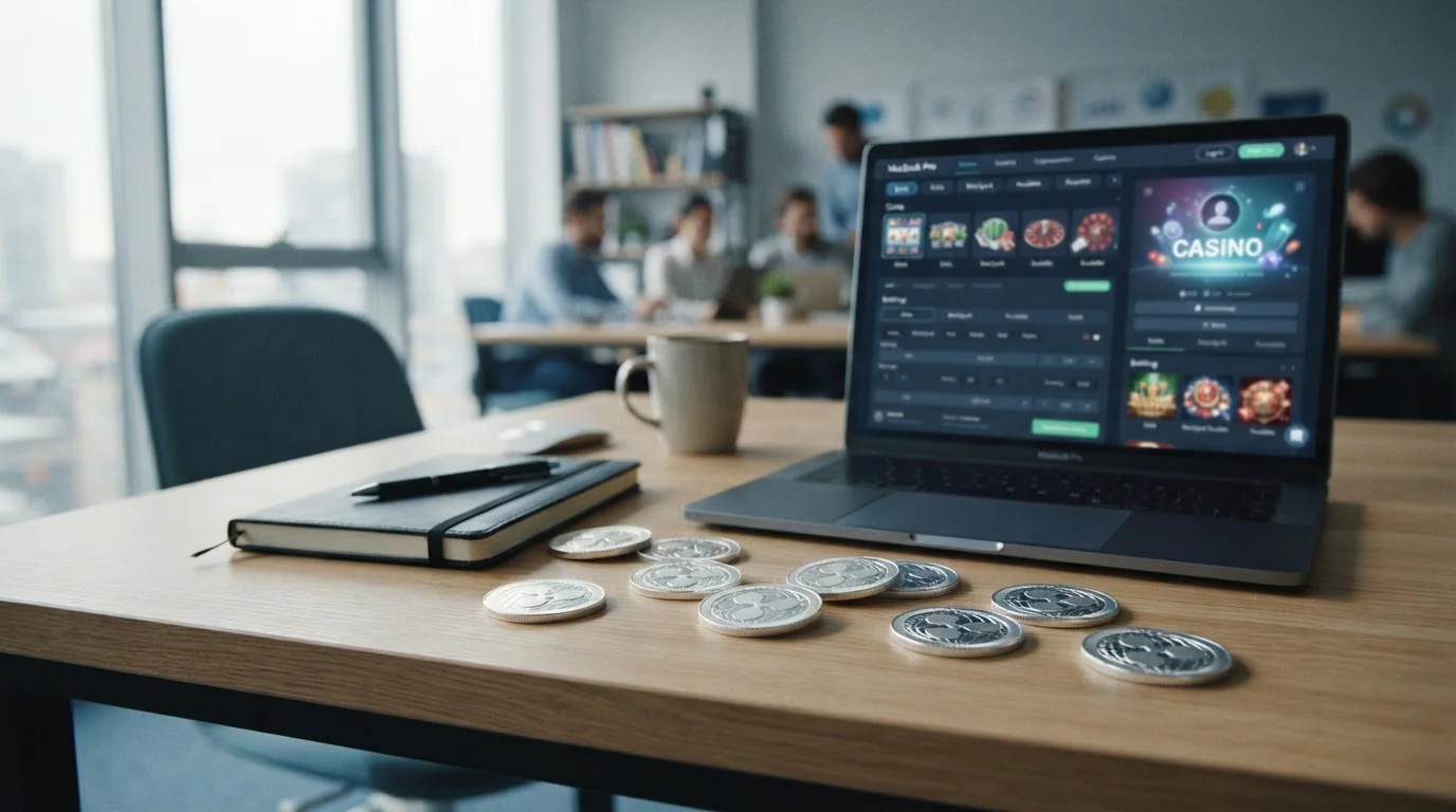 Ripple XRP cryptocurrency coins on a desk with a laptop displaying a crypto casino interface