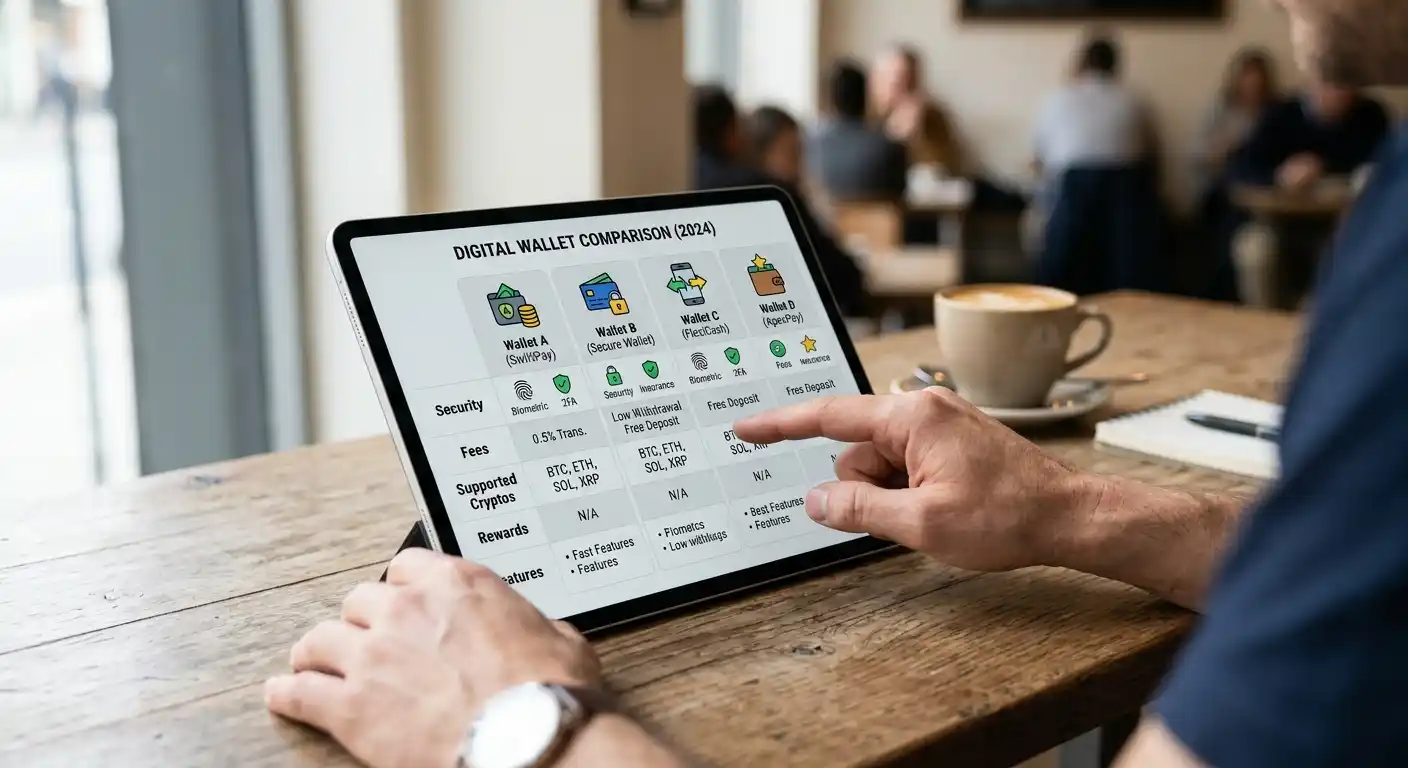 Person comparing notes on a tablet screen showing four wallet options side by side