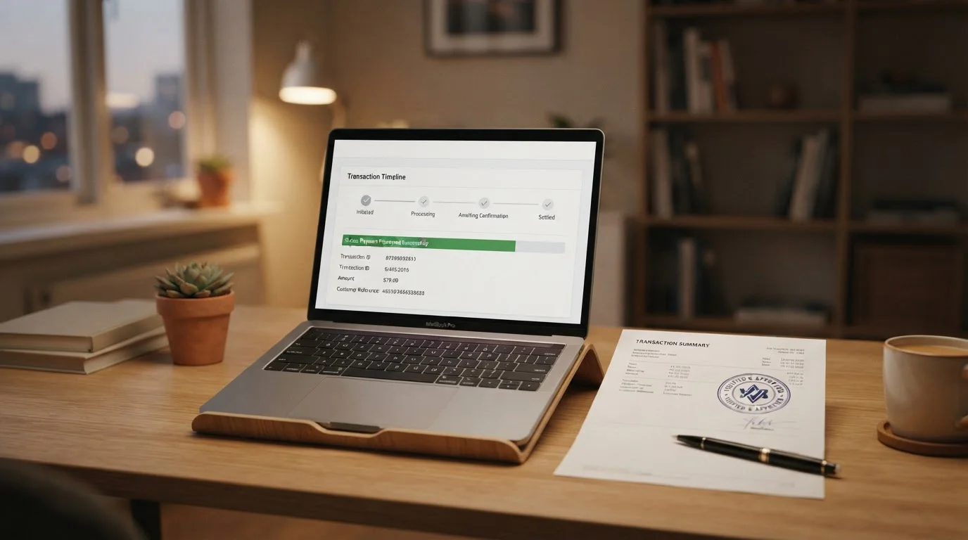 Desk with laptop showing payment processor discontinuation notice and timeline documents