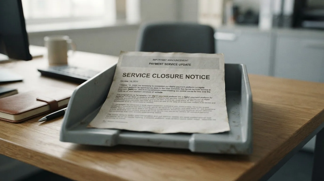 Archived web page printout with a dated payment notice lying in a document tray