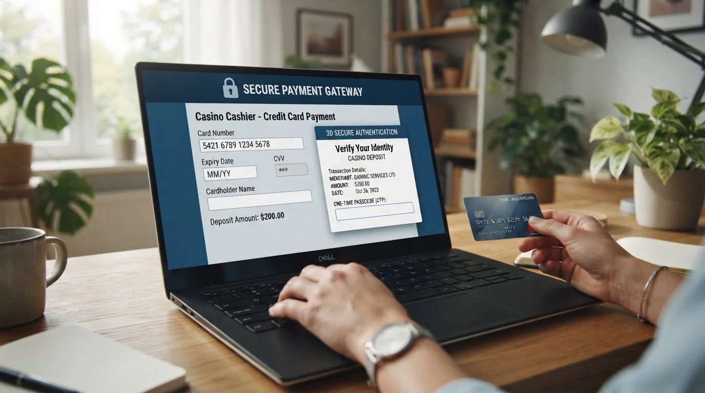 Laptop screen showing credit card deposit process at offshore casino cashier