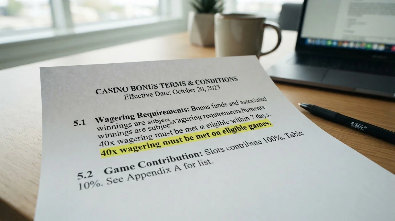 Casino bonus terms document with wagering requirements highlighted