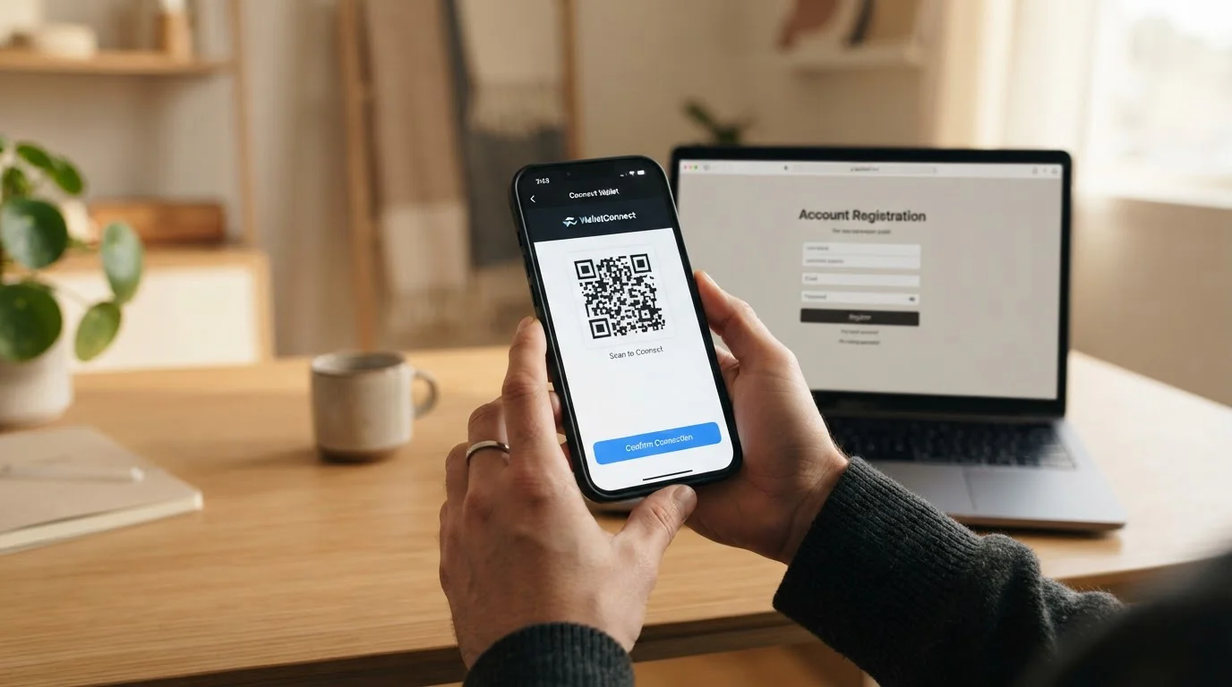 Person registering at crypto casino with wallet connection on smartphone