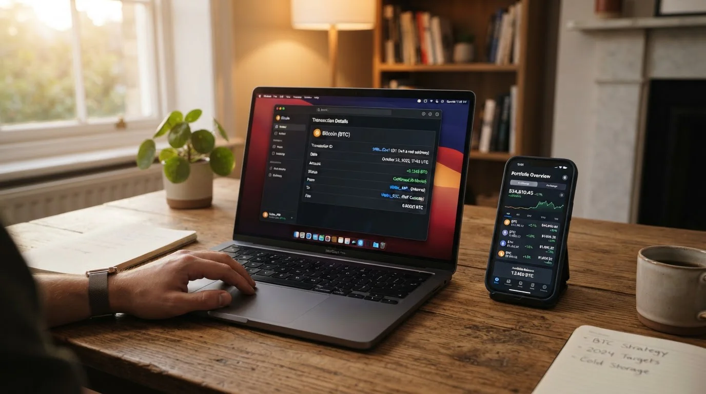Laptop displaying crypto wallet interface with smartphone showing Bitcoin transaction