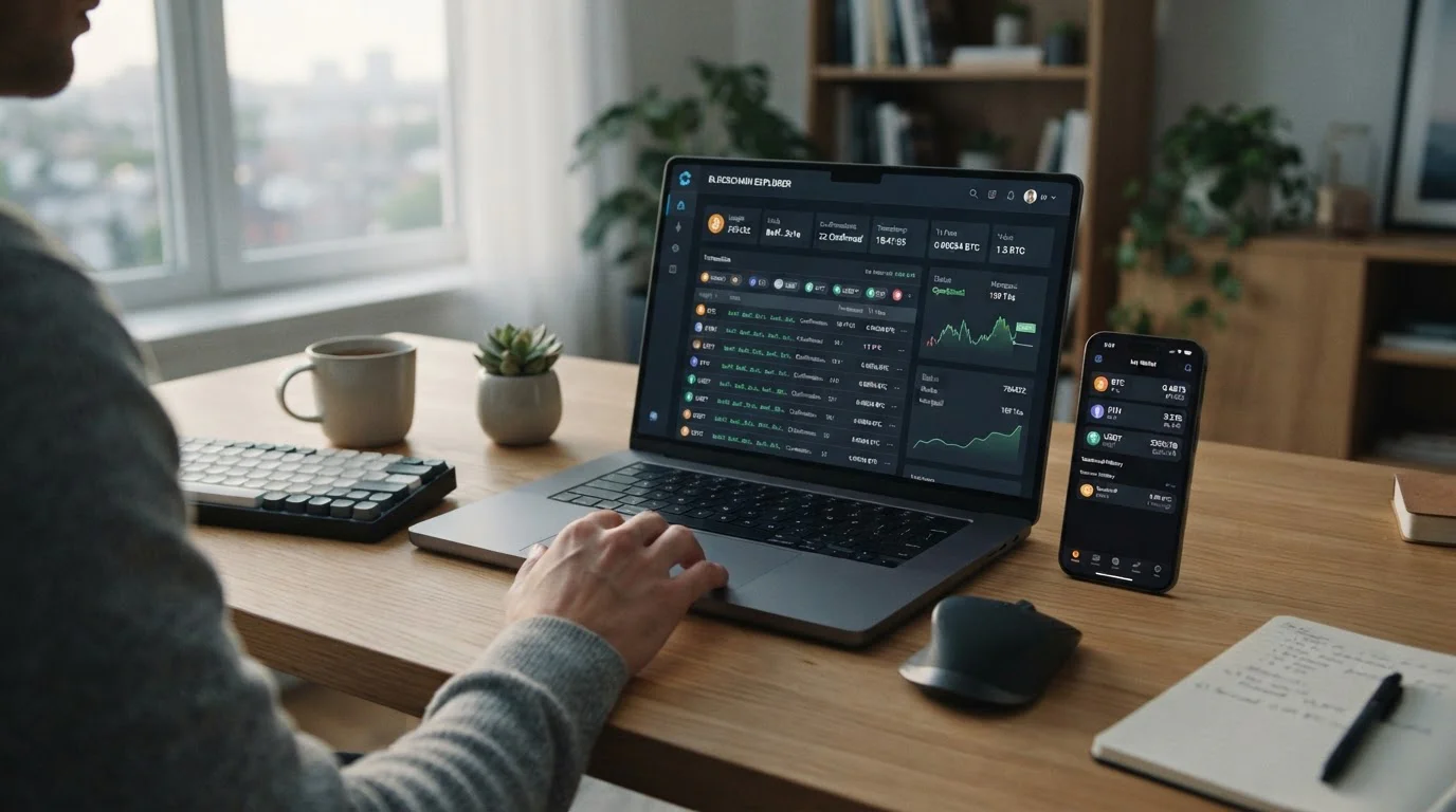 Laptop showing blockchain explorer with crypto transaction confirmations