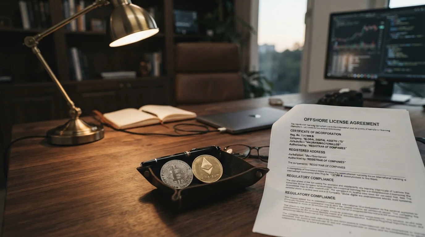 Bitcoin and Ethereum tokens on desk with regulatory document showing offshore license
