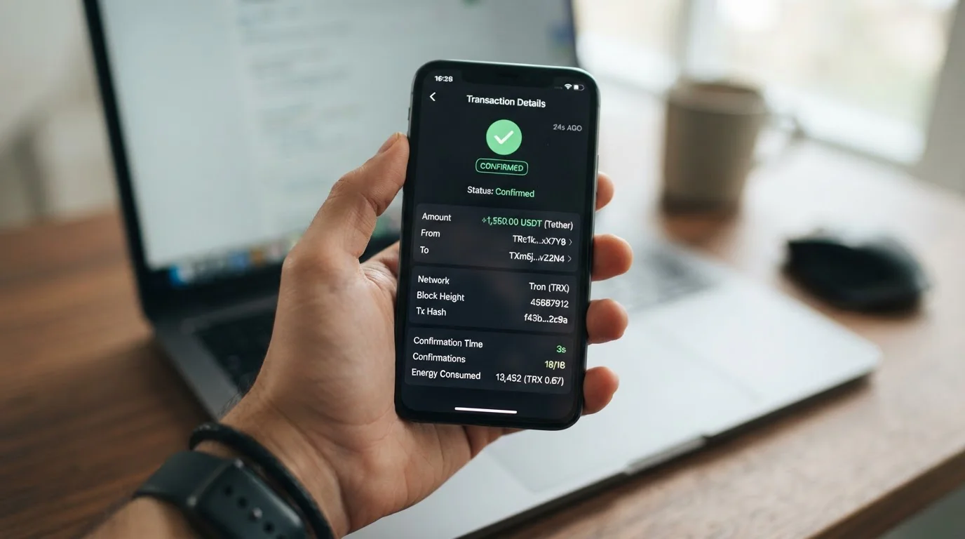 USDT Tether cryptocurrency payment on smartphone with blockchain network