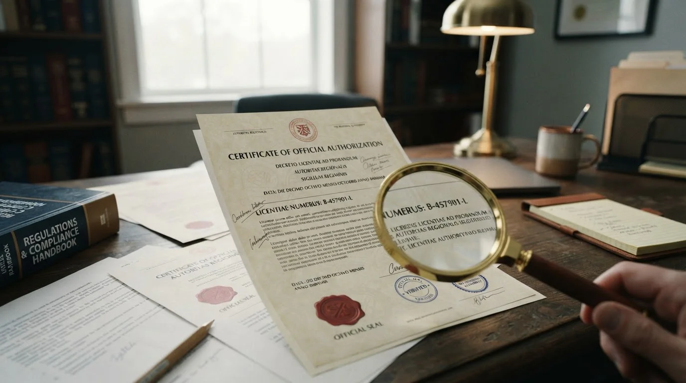 Official licensing documents with government stamps under magnifying glass