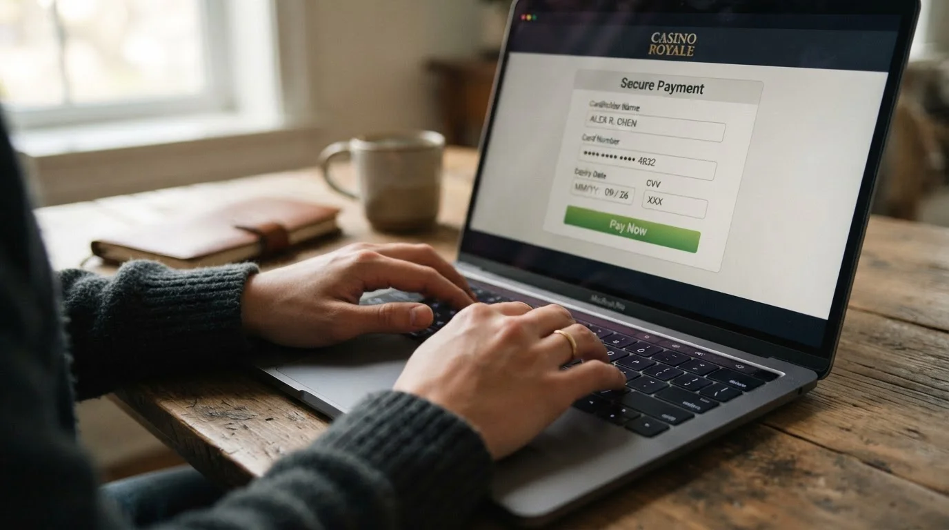 Close-up of debit card being entered into laptop for online payment