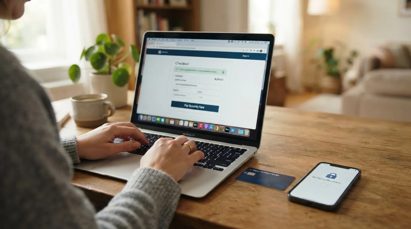 Visa and Mastercard debit cards on desk with laptop