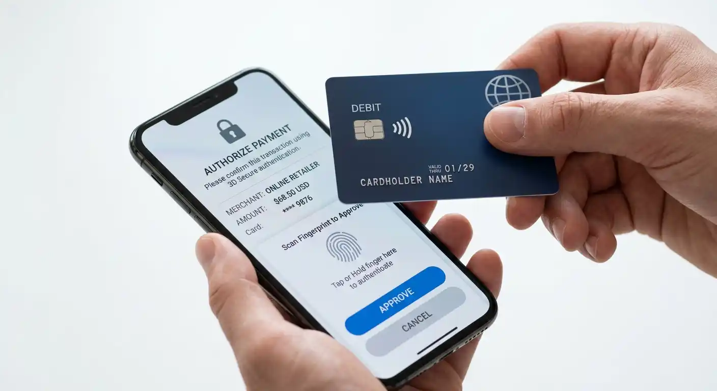 Debit card held over smartphone showing 3D Secure authentication